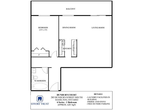 Floor plan for 1 bed, 1 bath, 540 sqft